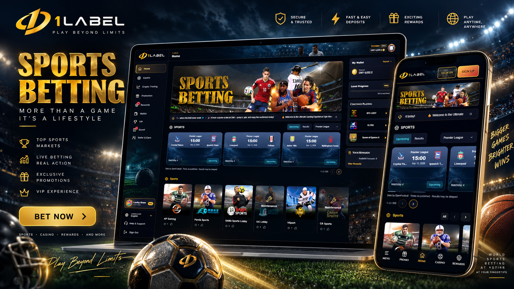 Black-and-gold 1LABEL sports theme shown on desktop and mobile